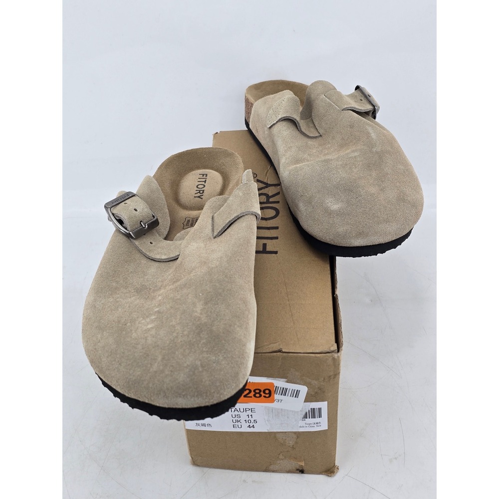 Fitory Suede Clogs Mens Size 11 Taupe Leather Mules Buckle Shoes -Good